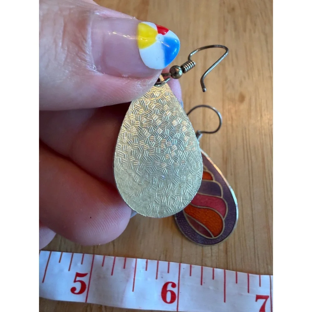 Cloisonne Enamel Seashell Teardrop Earrings Purple Orange Pink Coastal Dangle